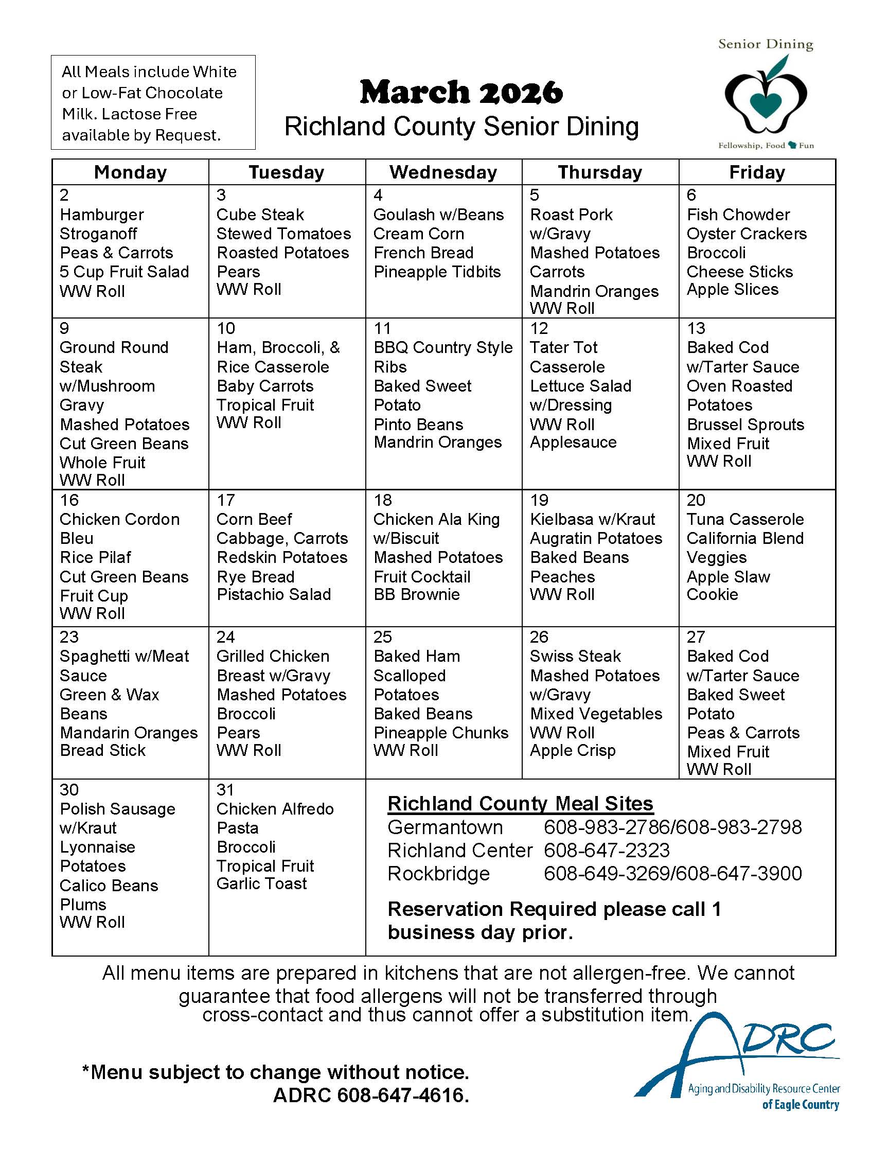 March Nutrition Menu